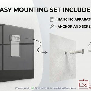 May include: Image showing the back of a framed art piece with a metal hanging apparatus attached. The text "EASY MOUNTING SET INCLUDED!" is displayed, along with illustrations of a hanging apparatus and an anchor and screw set.
