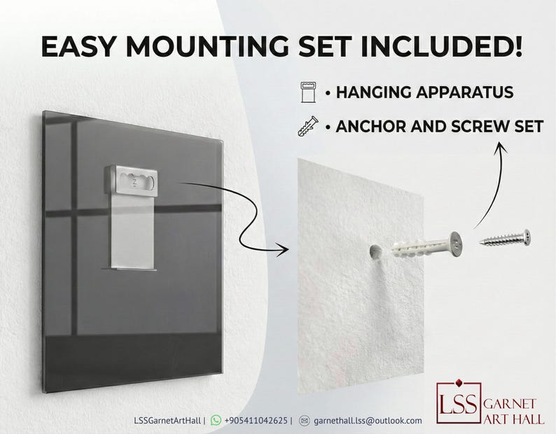 May include: Image showing the back of a framed art piece with a metal hanging apparatus attached. The text "EASY MOUNTING SET INCLUDED!" is displayed, along with illustrations of a hanging apparatus and an anchor and screw set.