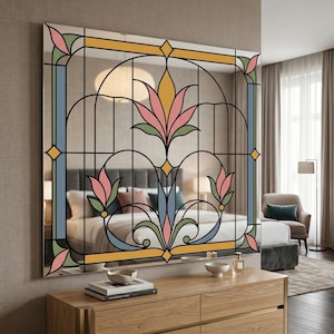 UV printed mirror wall decor with a stained glass look floral Art Deco pattern in pastel pink, blue, green, and gold on a reflective surface.