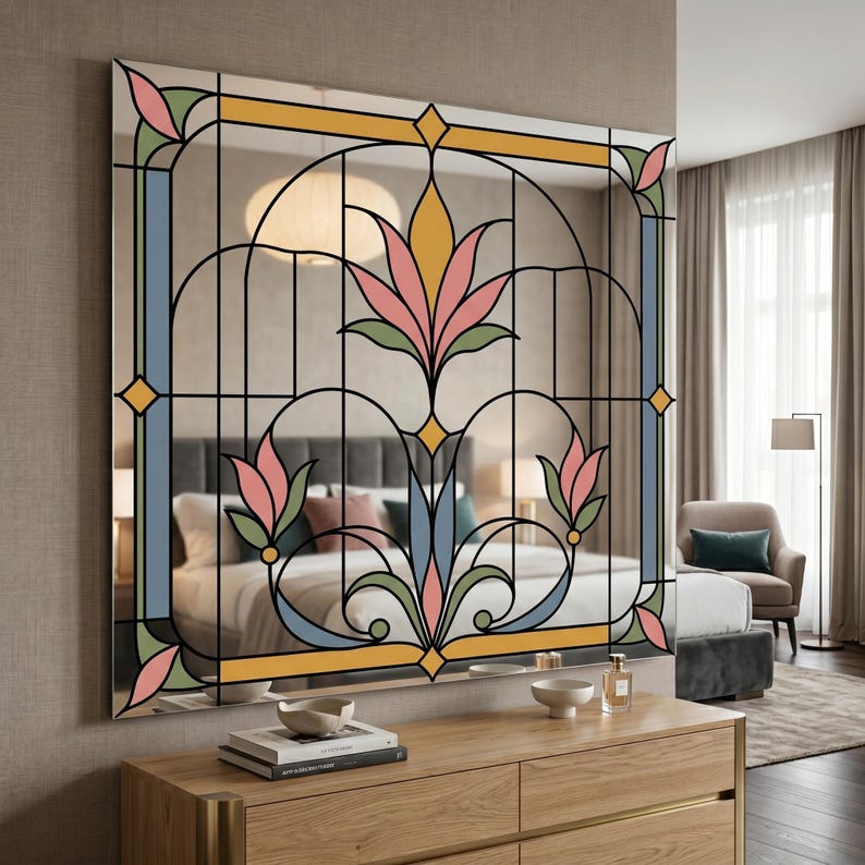 UV printed mirror wall decor with a stained glass look floral Art Deco pattern in pastel pink, blue, green, and gold on a reflective surface.