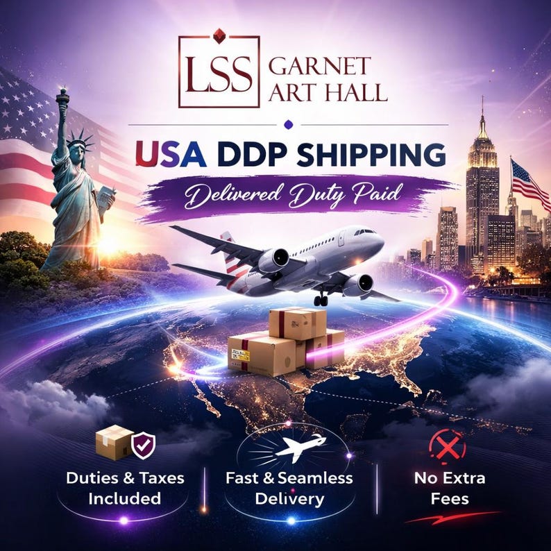 May include: A promotional graphic for Garnet Art Hall, featuring the Statue of Liberty, the New York City skyline, and a commercial airplane flying over a globe. Text includes "USA DDP SHIPPING" and "Delivered Duty Paid."