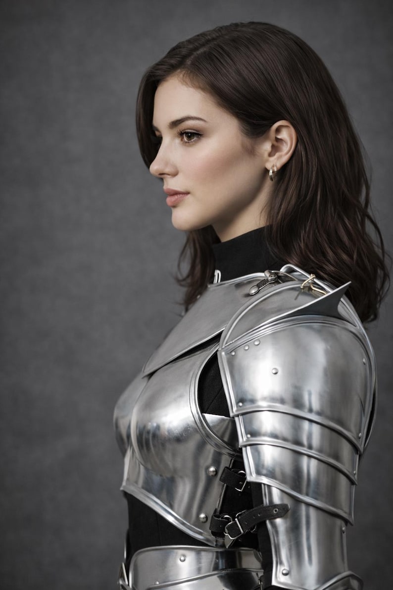 May include: A side profile of a person wearing polished silver armor. The armor covers the chest and shoulders, with visible rivets and layered plates. The person has dark hair and is wearing a black turtleneck. The background is a solid gray.