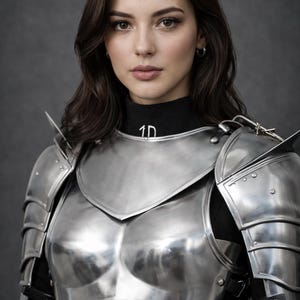 May include: A portrait of a person wearing polished metal armor. The armor covers the chest, shoulders, and arms, with visible rivets and articulated plates. The person is wearing a black turtleneck with the text "1D".