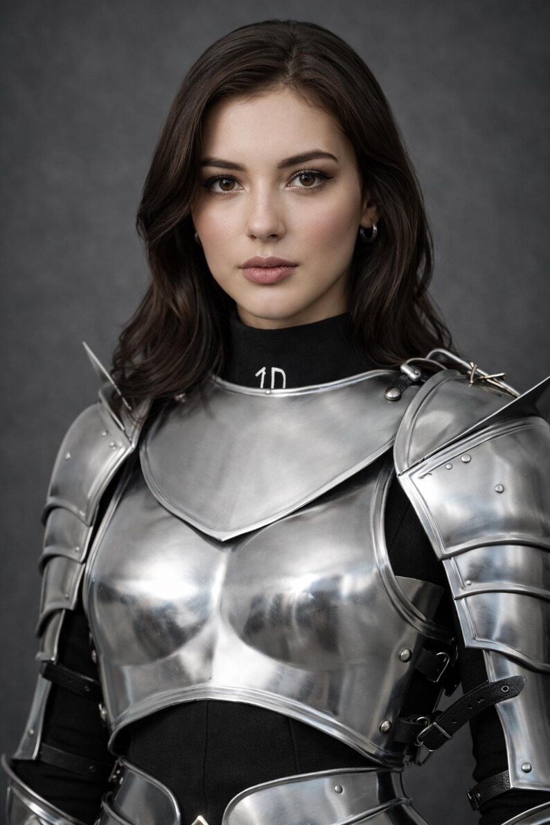 May include: A portrait of a person wearing polished metal armor. The armor covers the chest, shoulders, and arms, with visible rivets and articulated plates. The person is wearing a black turtleneck with the text "1D".