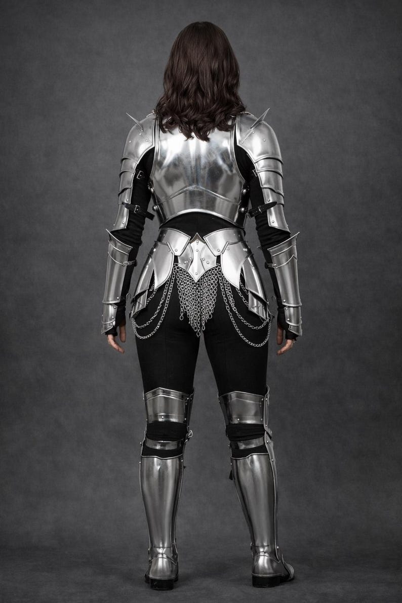 May include: A full suit of polished silver armor, including a breastplate, shoulder guards, arm and leg protection, and a chainmail skirt. The armor is worn over a black long-sleeved shirt and pants. The image is taken from the back.