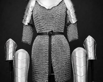 Handmade Medieval Chainmail Armor Set, Steel Pauldrons & Gorget, Women's LARP Costume