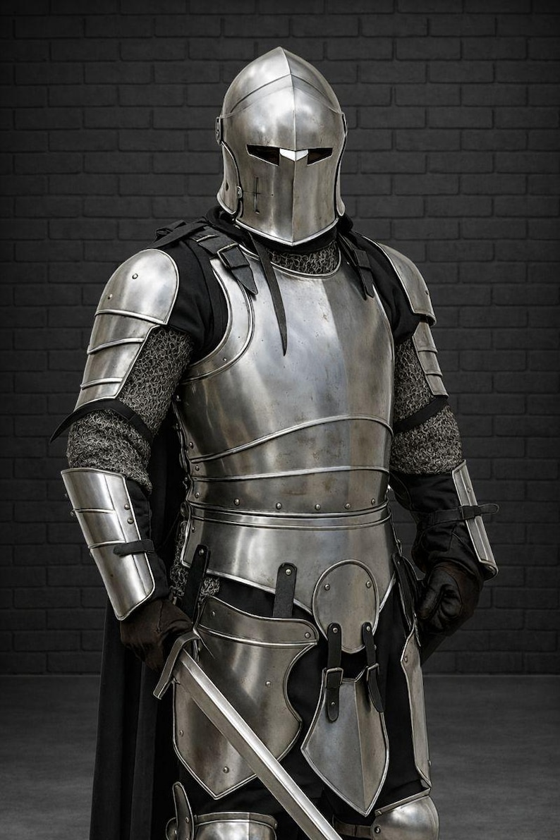 May include: A full suit of medieval armor made of polished steel. The armor includes a helmet, chest plate, shoulder guards, arm and leg protection, and a sword. The suit is worn over a black garment and chainmail.