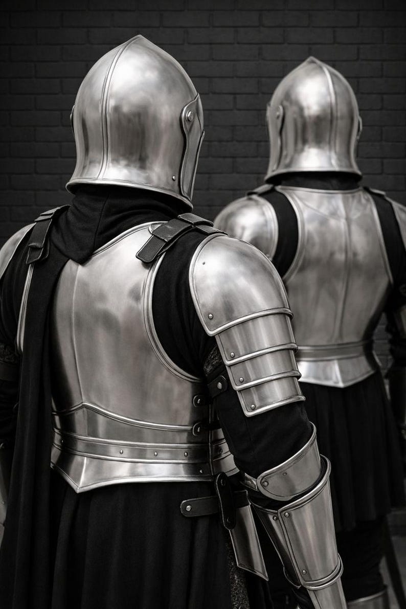 May include: Two sets of medieval armor, including helmets and chest plates, are displayed against a dark brick wall. The armor is made of shiny, silver-colored metal. The helmets have a pointed top.