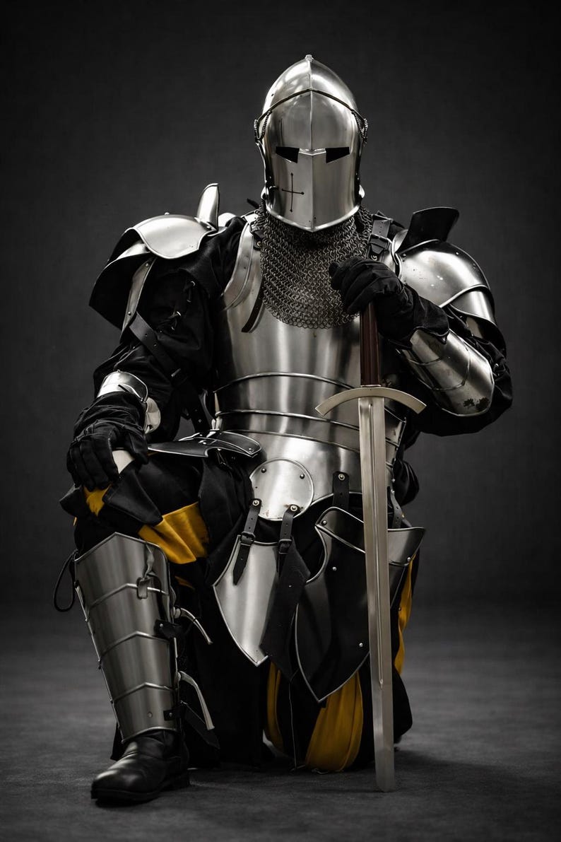 Puede incluir: Un caballero con armadura de placas completa, arrodillado con una espada. La armadura de acero pulido refleja la luz, con un casco, cota de malla y placas articuladas que cubren el cuerpo. Se ve tela negra y amarilla debajo de la armadura.