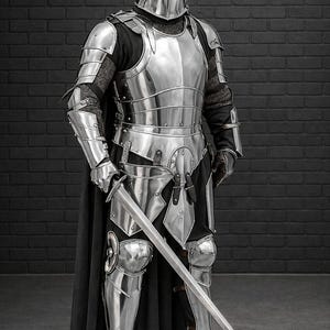 May include: A full suit of polished steel armor, including a helmet, chest plate, and leg guards. The armor is worn over a black garment and a black cape. A long sword is held at the ready. The background is a dark brick wall.