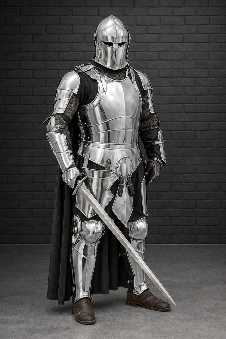 May include: A full suit of polished steel armor, including a helmet, chest plate, and leg guards. The armor is worn over a black garment and a black cape. A long sword is held at the ready. The background is a dark brick wall.