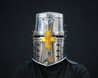 Casco de caballero templario ~ Casco integral de acero del siglo XIII ~ Gran casco de cruzado medieval ~ Casco histórico para cosplay y LARP ~ El mejor regalo
