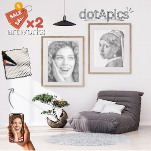 May include: Two framed artworks, one featuring a smiling woman and the other a portrait of a woman with a pearl earring, are displayed on a white wall. The artworks are in a dot pattern. The image also includes a gray beanbag chair, a bonsai tree, and the text "dotApics".