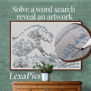 Puede incluir: Un rompecabezas de búsqueda de palabras enmarcado con un diseño de ola en tonos azules y grises. El texto dice "Solve a word search reveal an artwork". Un círculo de aumento muestra la cuadrícula de búsqueda de palabras.