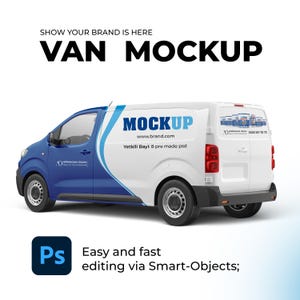 May include: A white and blue van mockup with the text "VAN MOCKUP" and "SHOW YOUR BRAND IS HERE". The van has a blue side panel with the text "ARMAGAN OZEAN". The van also has the text "MOCKUP" and "www.brand.com". The image also includes the text "Easy and fast editing via Smart-Objects;".