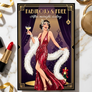 Tarjeta para mujer soltera, fabulosa y gratuita tarjeta imprimible navideña de Gatsby, estilo art déco.