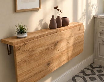 Wall Mounted Pine Folding Table with Shelves, Space Saving Murphy Desk, Foldable Study-Dining Table