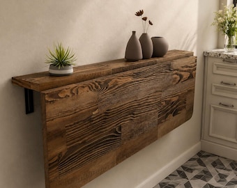 Scrivania a scomparsa in legno massello da parete, tavolo pieghevole in noce scuro con ripiani, tavolo salvaspazio