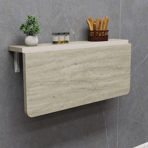 Wall Mounted Folding Table with Shelves, Travertine Space Saving Murphy Desk, Study-Dining Table
