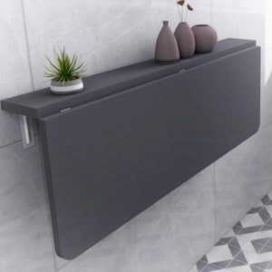 Wall Mounted Folding Table with Shelves, Anthracite Grey Space Saving Murphy Desk, Study-Dining Table