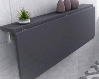 Wall Mounted Folding Table with Shelves, Anthracite Grey Space Saving Murphy Desk, Study-Dining Table