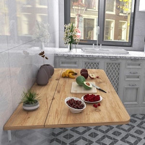Space Saving Wall Mounted Folding Table with Shelves – Pine Wood Murphy Desk for Study & Dining