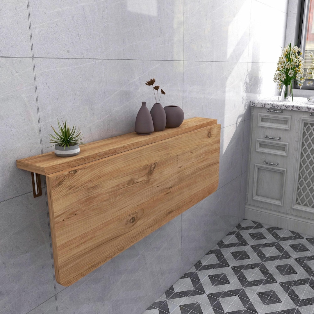 Wall Mounted Pine Folding Table With Shelves, Space Saving Murphy Desk ...