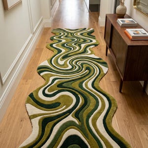 Sage Green Runner Rug, Abstract Wave Hallway Rug, Irregular Shape Living Room Decor, 2.6x8 ft