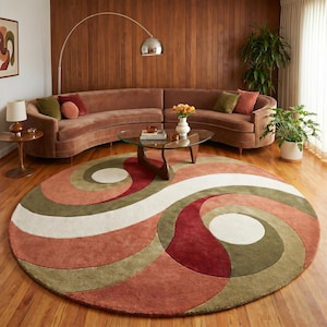 Round Abstract Geometric Area Rug Modern Curved Design | Living Room Home Decor | 6ft Circular Rug