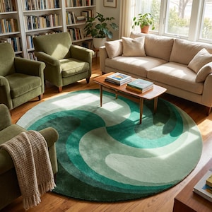 Teal Green Round Wool Rug Abstract Swirl Pattern Handmade Living Room Decor 5x5 ft