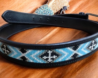 Hand-stitched Beaded Leather Belt | Southwestern Geometric Pattern, Boho Waist Accessory