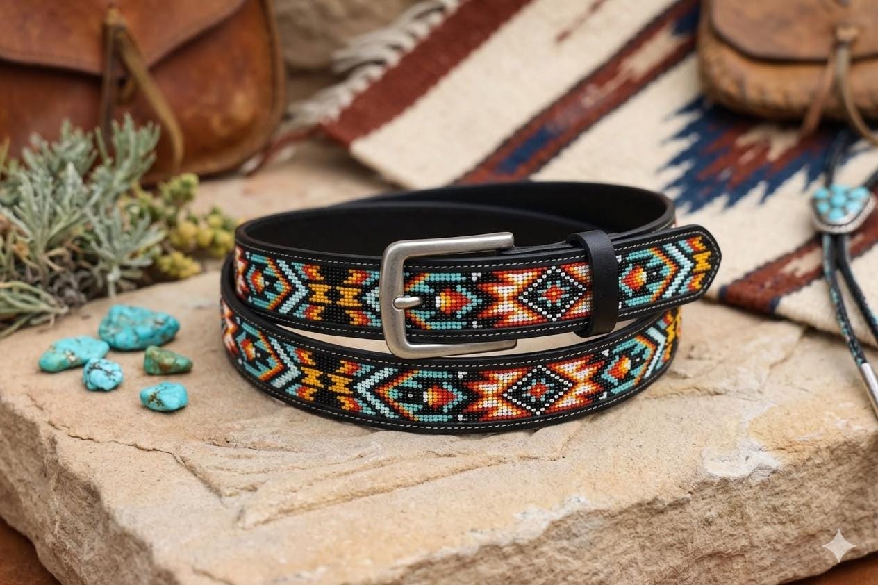 Black Beaded Tooled Leather Belt Native American Inspired Colorful Triba… 2 Inch Hand-Tooled Artesanal Beaded Leather Belt – Texas  main image 3
