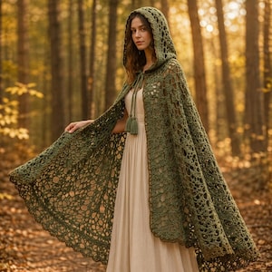 May include: A floor-length olive green crochet hooded cape featuring an intricate openwork pattern, a scalloped hem, and a front tie closure with two matching tassels. The cape is worn over a simple, sleeveless, floor-length cream-colored dress.