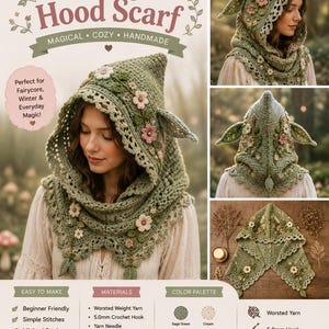 Fairy Hood Scarf Crochet Pattern PDF, Woodland Pixie Hood, Floral Crochet Cowl, Fairycore Winter Accessory, Beginner Crochet Guide