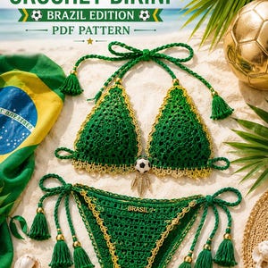 May include: A green and yellow crochet bikini with a PDF pattern text overlay reading Football Inspired CROCHET BIKINI BRAZIL EDITION. The bikini features a soccer ball charm, gold-toned leaf charms, and green tassels on the ties.