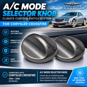 May include: Two dark gray, circular A/C mode selector knobs for a Chrysler Crossfire. These climate control switch buttons feature a smooth, rounded surface with a small indentation on the side, designed as a direct replacement for 2004-2008 models.
