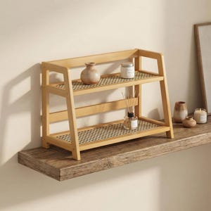Förvaringshylla i trä med 2 våningar | Bänkställ | Multifunktionell displayhylla i trä för hemmet