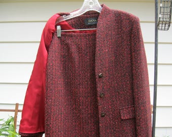 Dana Buchman two piece suit in a deep red and black tweed, size 4