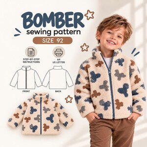 May include: A bomber sewing pattern for size 92, featuring step-by-step instructions and A4 US letter printing options. The design includes a cream-colored fleece jacket with a blue zipper and a pattern of blue and brown textured shapes.