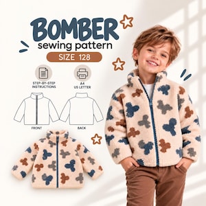 May include: A bomber jacket sewing pattern in size 128, featuring a cream-colored fleece with a blue and brown abstract pattern, a blue zipper, and a high collar. Includes step-by-step instructions, A4 and US letter print options.