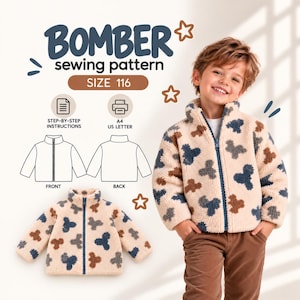 May include: A bomber sewing pattern for size 116, featuring step-by-step instructions and A4 US letter printing options. The design includes a cream-colored fleece jacket with a blue zipper and a repeating dark blue and brown pattern.