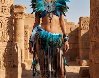 Feather Stage Costume Set, Carnival Performance Outfit, Gothic Catwalk Feather Shawl, Fringe Skirt Costume, Festival Dance Accessory