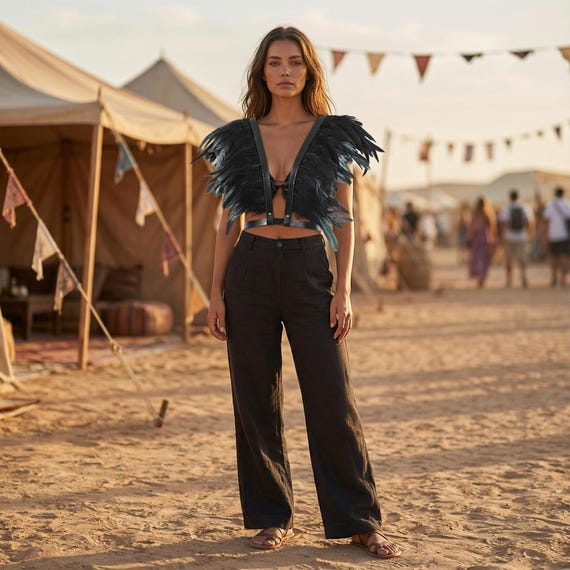 Feather Shoulder Harness Top | Festival Statement Wear