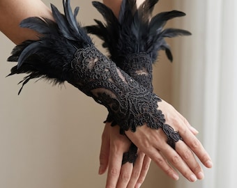 Rękawiczki z koronką z piór, gotyckie mankiety bez palców, rękawiczki na Halloween, mankiety na nadgarstki na bal maskowy, akcesoria burleskowe na ramiona