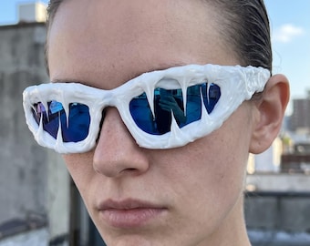 Okulary przeciwsłoneczne Monster Teeth, ręcznie robione okulary punkowe, okulary rave'owe Avant Garde, okulary przeciwsłoneczne Y2K Festival, akcesoria na wybieg
