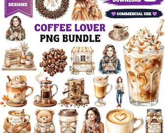 Amateur de café PNG Bundle, clipart café automne confortable, Latte café glacé PNG, Sublimation café esthétique, téléchargement numérique.