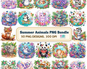 Bundle de clipart animaux de l'été, Clipart animal tropical mignon, Kawaii Summer PNG, conception de Sublimation animal de plage, usage Commercial PNG Bundle