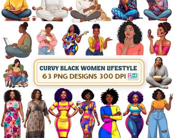 Clipart femme noire bien roulée, jolie fille ronde grande taille Clipart PNG Bundle, aquarelle fille bien roulée, femme afro-américaine, fille ronde noire png