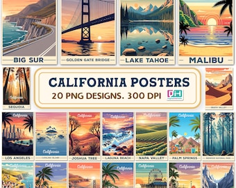 Lot de 20 affiches de voyage en Californie, 20 impressions d'art mural PNG, affiches de paysages rétro vintage, téléchargement numérique Big Sur Malibu Yosemite, 300 DPI.