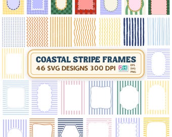 Bundle SVG cadres rayures côtières, bordure ondulée BCBG PNG, Clipart cadre dessiné à la main, modèle modifiable mignon, conception par sublimation Cricut